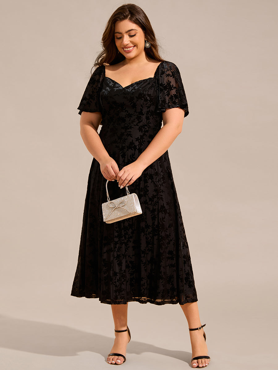 Color=Black | Plus Size Exquisite Square Neckline Tea length Wedding Guest Dresses with Jacquard Decoration-Black 4