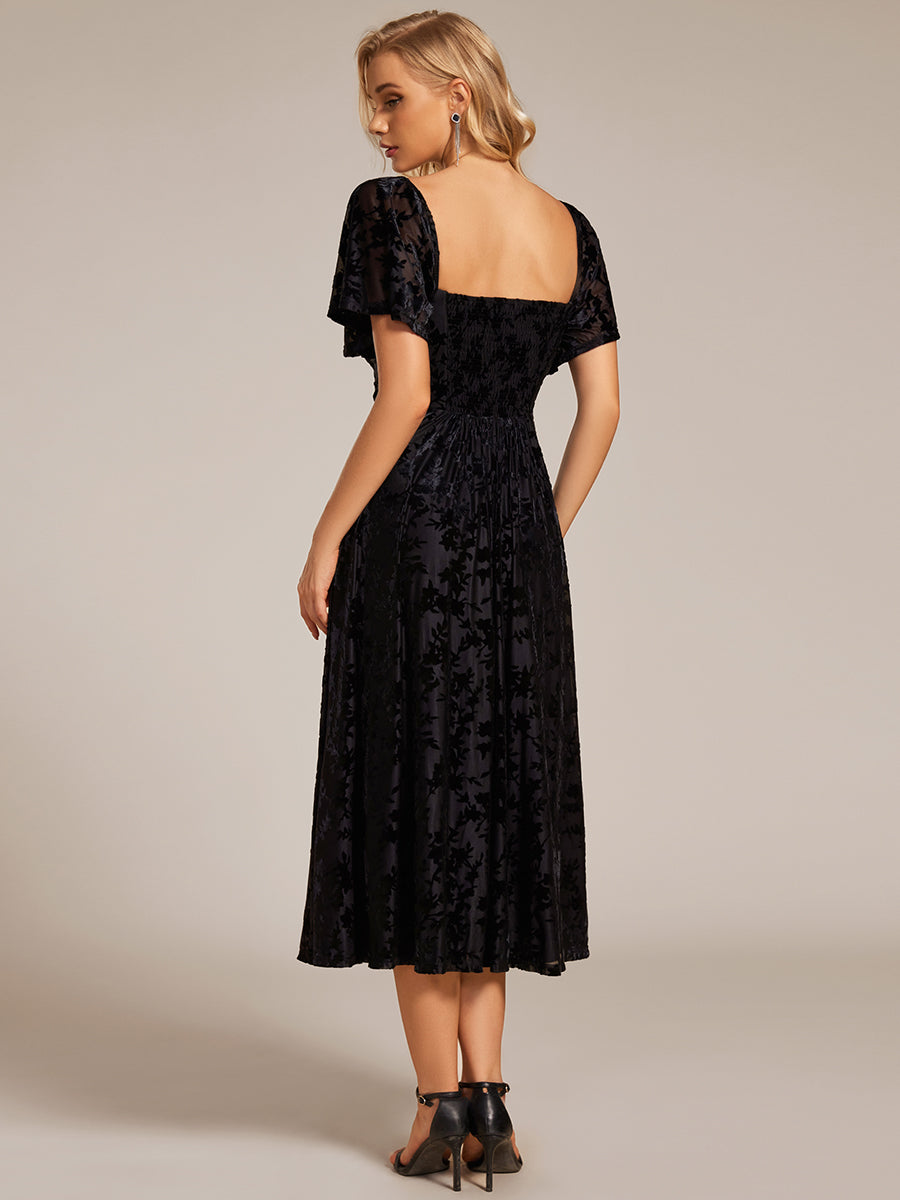 Color=Black | Exquisite Square Neckline Tea length Wedding Guest Dresses with Jacquard Decoration-Black 2