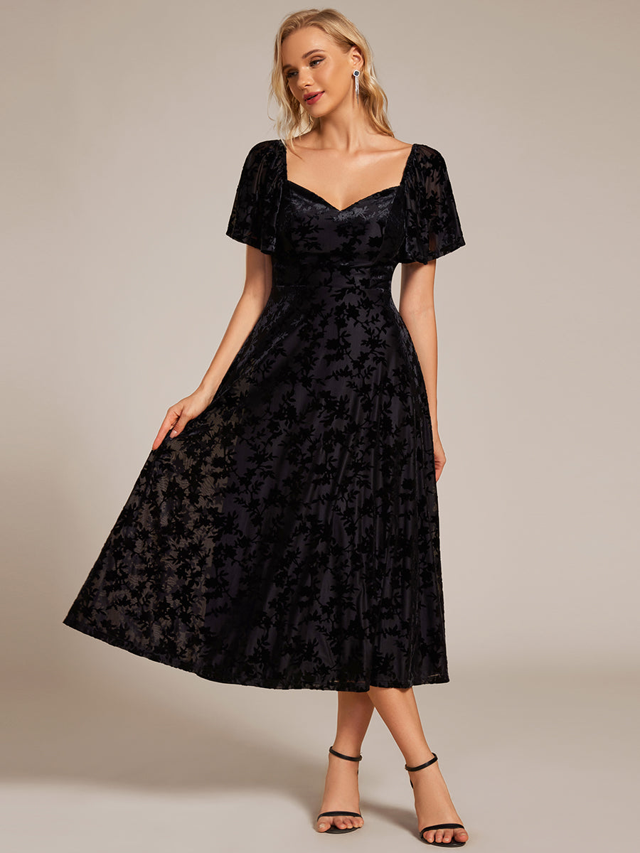 Color=Black | Exquisite Square Neckline Tea length Wedding Guest Dresses with Jacquard Decoration-Black 4