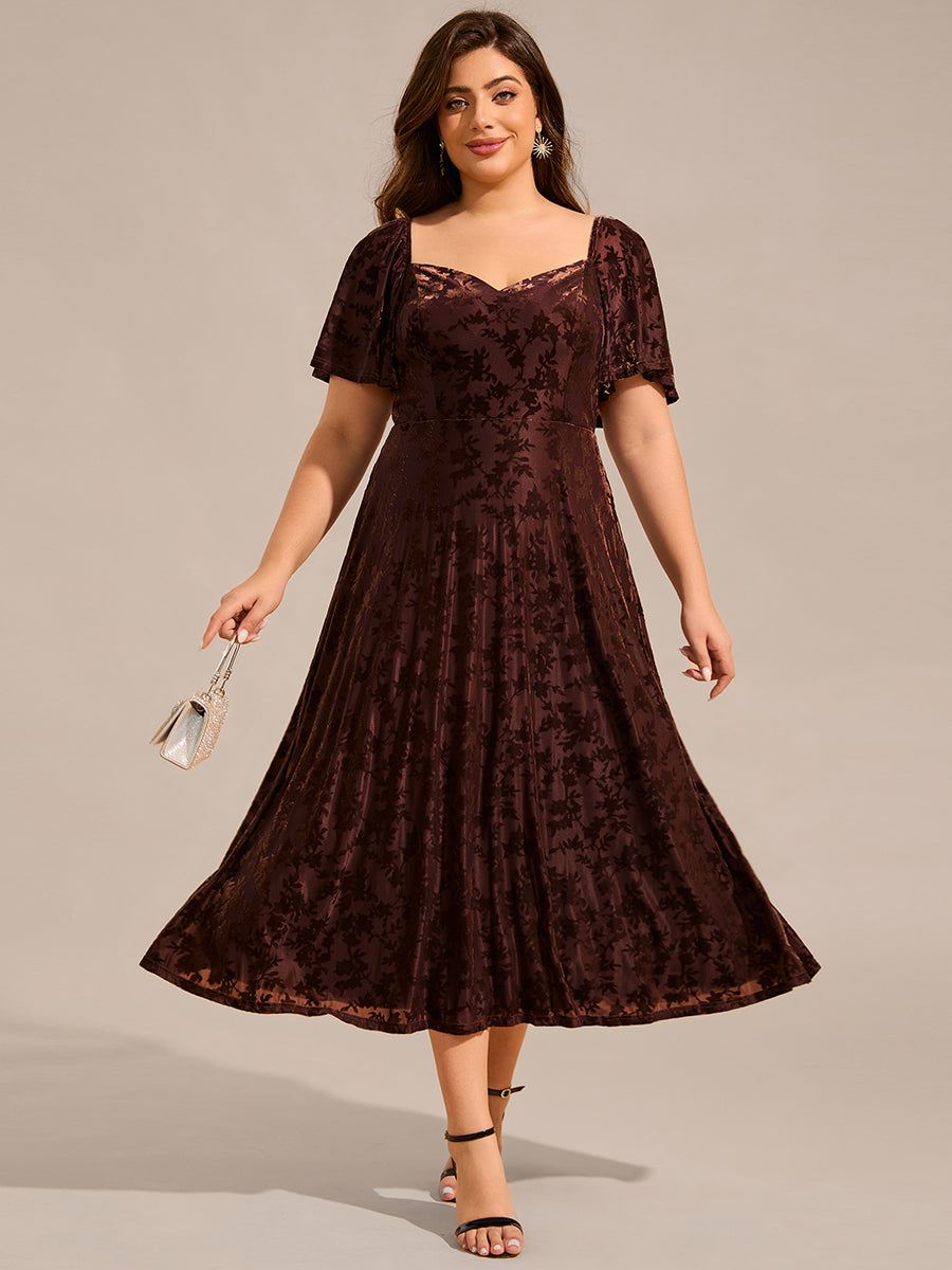 Color=Coffee | Plus Size Exquisite Square Neckline Tea length Wedding Guest Dresses with Jacquard Decoration-Coffee 5