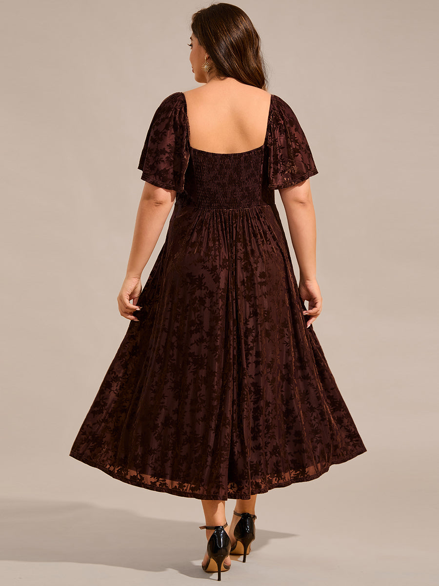 Color=Coffee | Plus Size Exquisite Square Neckline Tea length Wedding Guest Dresses with Jacquard Decoration-Coffee 6