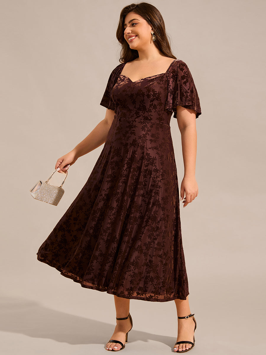 Color=Coffee | Plus Size Exquisite Square Neckline Tea length Wedding Guest Dresses with Jacquard Decoration-Coffee 7