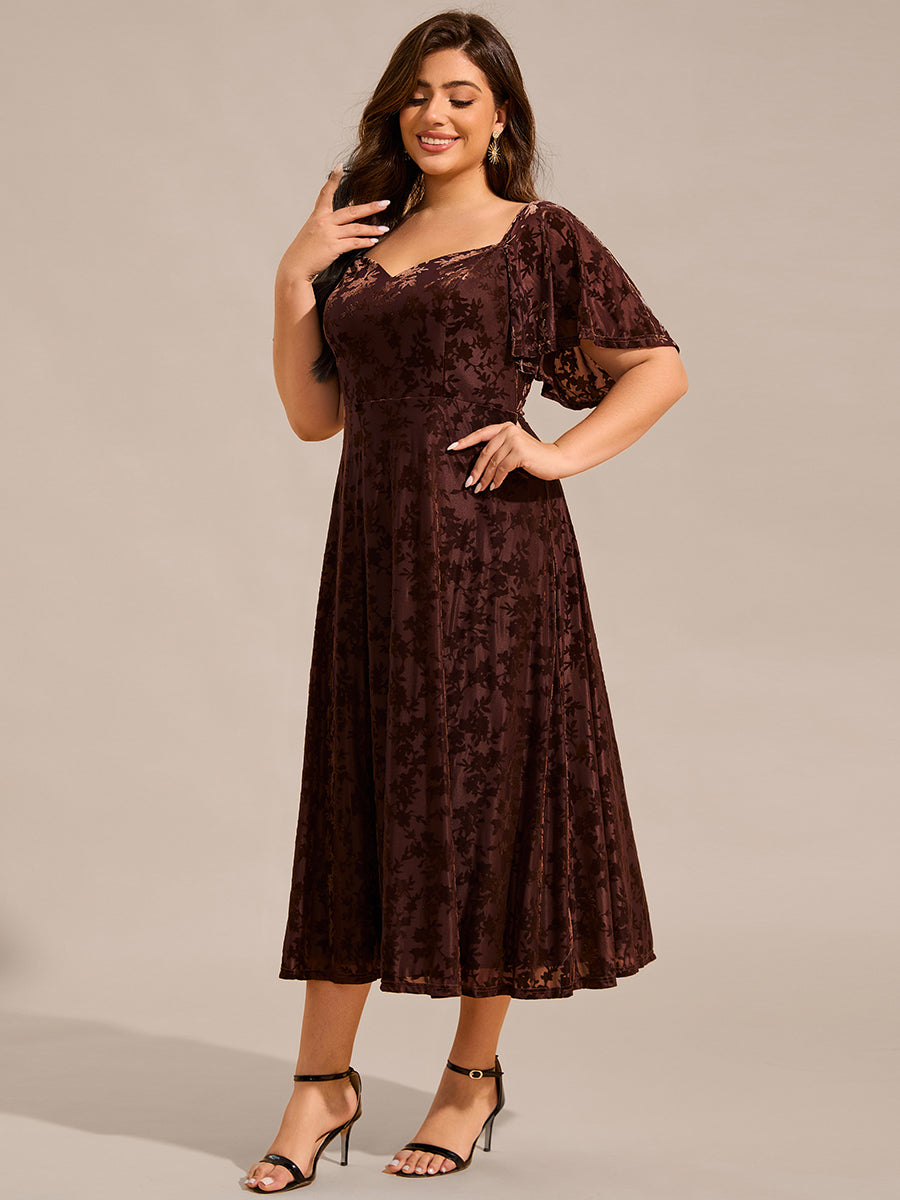 Color=Coffee | Plus Size Exquisite Square Neckline Tea length Wedding Guest Dresses with Jacquard Decoration-Coffee 8