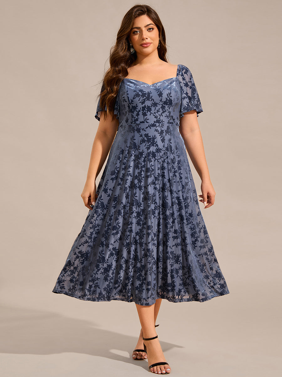 Color=Dusty Blue | Plus Size Exquisite Square Neckline Tea length Wedding Guest Dresses with Jacquard Decoration-Dusty Blue 10