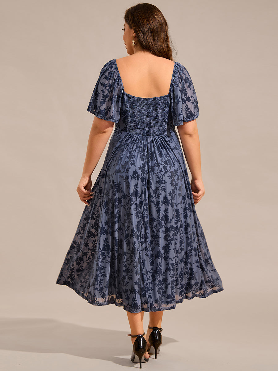 Color=Dusty Navy | Plus Size Exquisite Square Neckline Tea length Wedding Guest Dresses with Jacquard Decoration-Dusty Navy 11