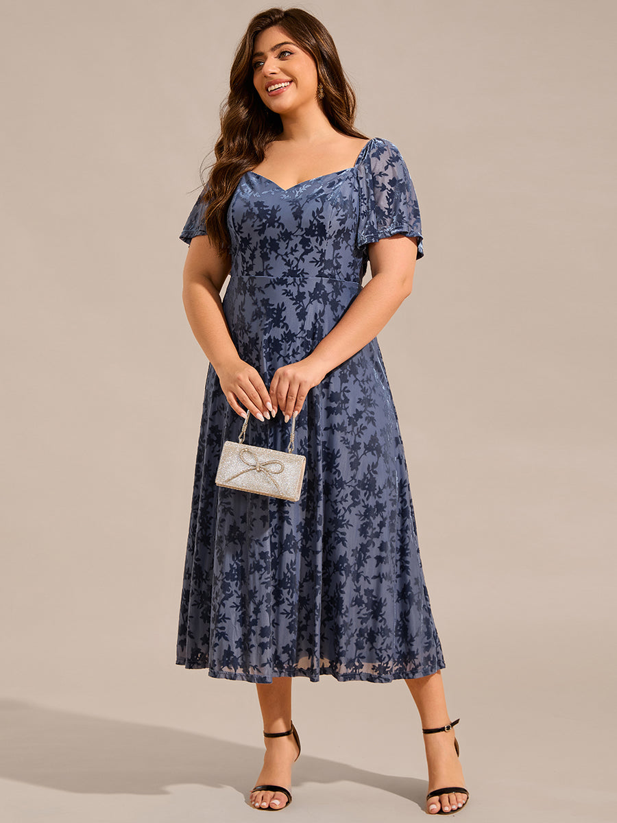 Color=Dusty Navy | Plus Size Exquisite Square Neckline Tea length Wedding Guest Dresses with Jacquard Decoration-Dusty Navy 12