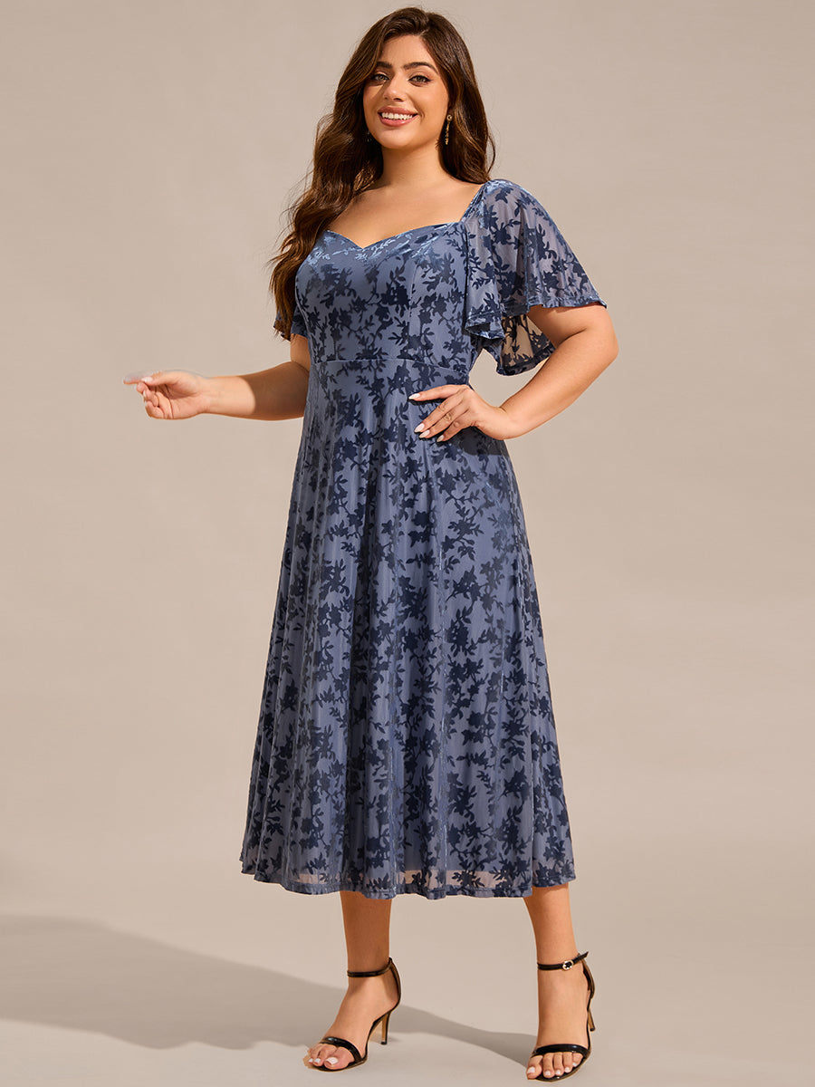 Color=Dusty Blue | Plus Size Exquisite Square Neckline Tea length Wedding Guest Dresses with Jacquard Decoration-Dusty Blue 13