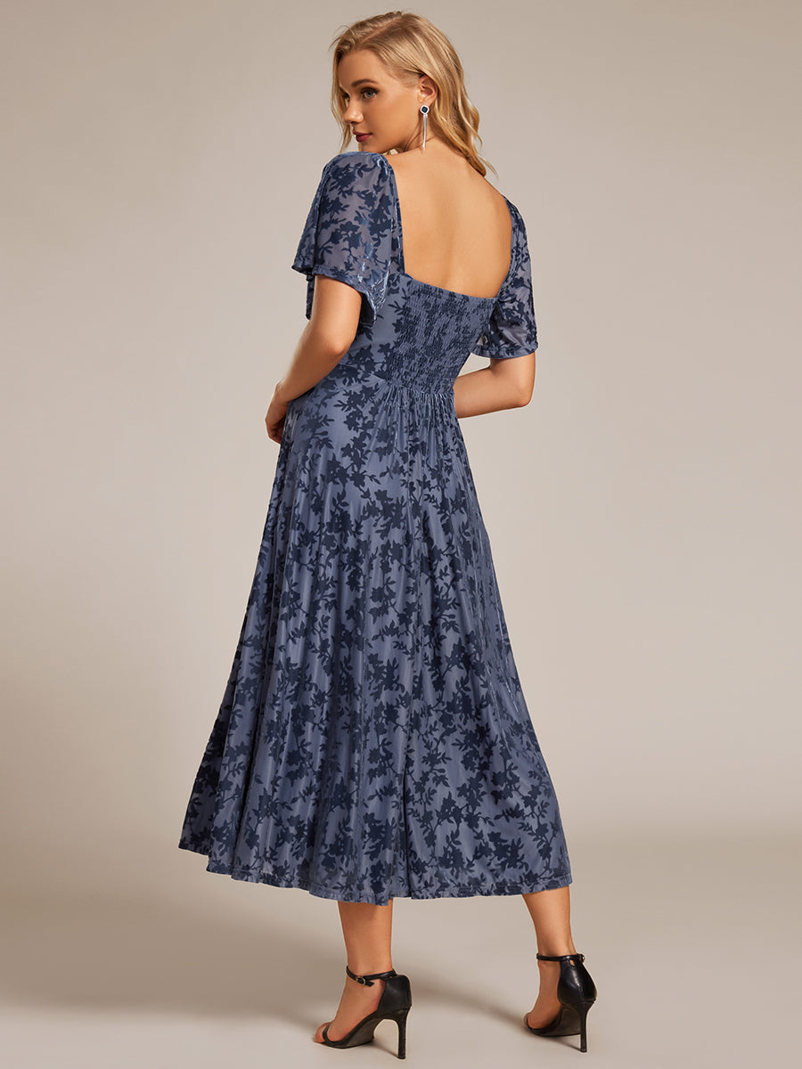 Color=Dusty Navy | Exquisite Square Neckline Tea length Wedding Guest Dresses with Jacquard Decoration-Dusty Navy 12