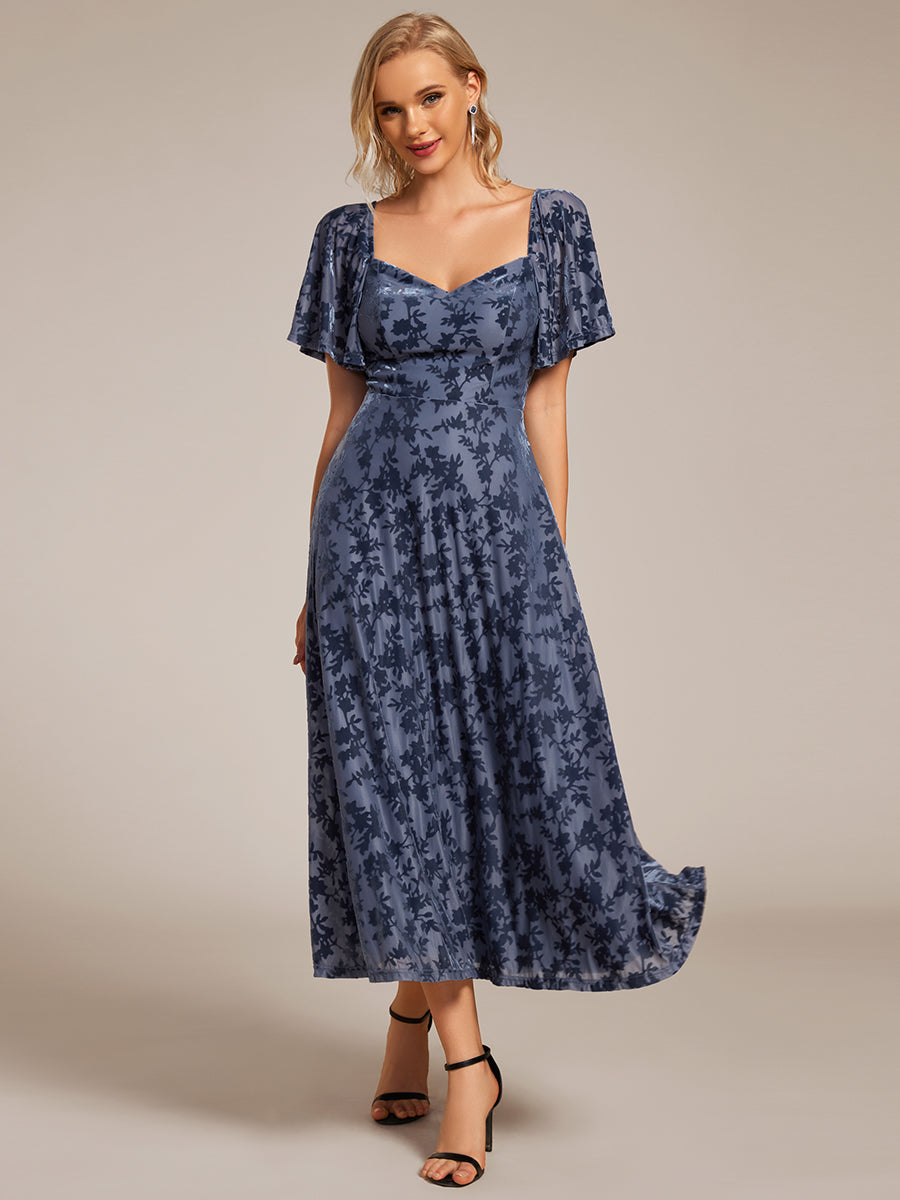 Color=Dusty Navy | Exquisite Square Neckline Tea length Wedding Guest Dresses with Jacquard Decoration-Dusty Navy 14