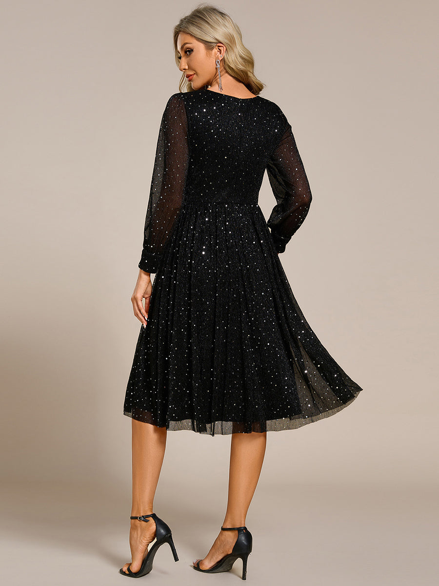 Color=Black | Elegant Long Lantern Sleeve Midi Length Sequin Tulle Dresses with Shimmer Decoration-Black 2