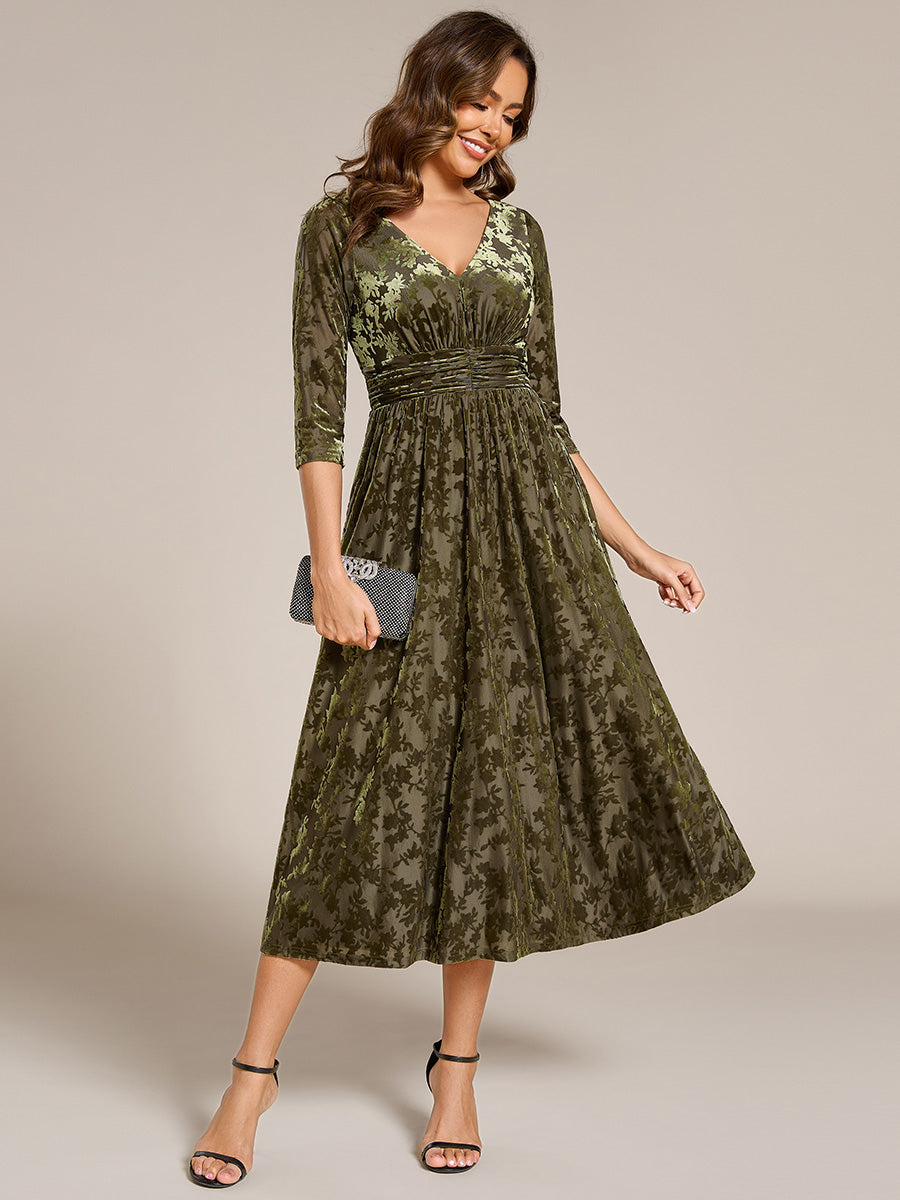 Color=Olive Green | Exquisite High Stretch Jacquard Velvet Wedding Guest Dresses with Stretch Elastic Band-Olive Green 13