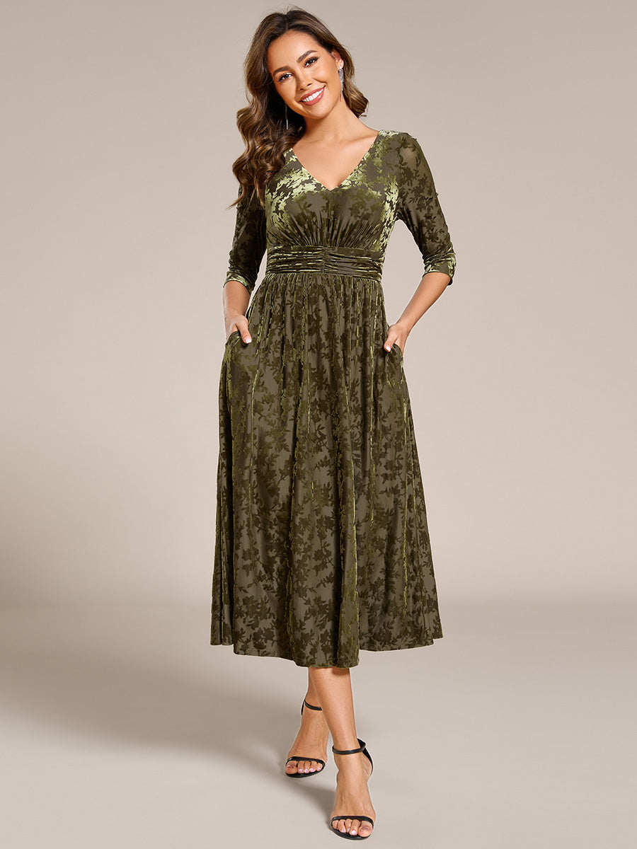 Color=Olive Green | Exquisite High Stretch Jacquard Velvet Wedding Guest Dresses with Stretch Elastic Band-Olive Green 14