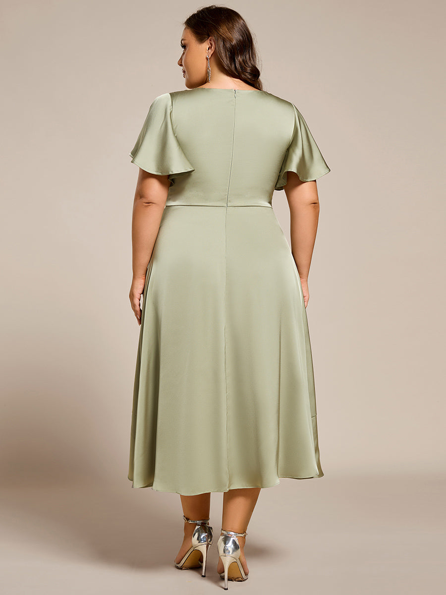 Color=Sage Green | Elegant Ruffles Sleeve Midi Length Satin Bridesmaid Dresses with Regular Fold Stream Asymmetrical Hem-Sage Green 2