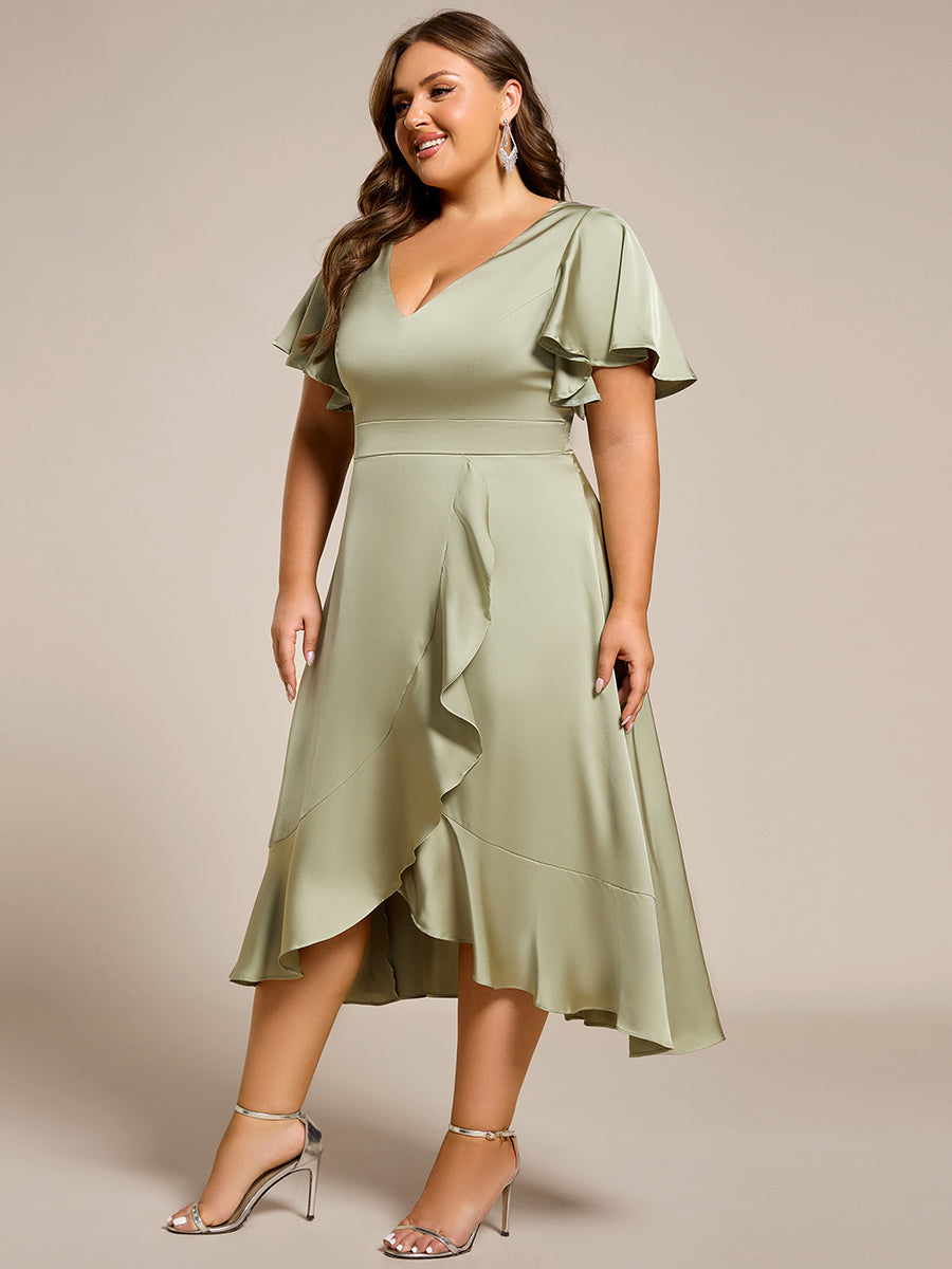 Color=Sage Green | Elegant Ruffles Sleeve Midi Length Satin Bridesmaid Dresses with Regular Fold Stream Asymmetrical Hem-Sage Green 3