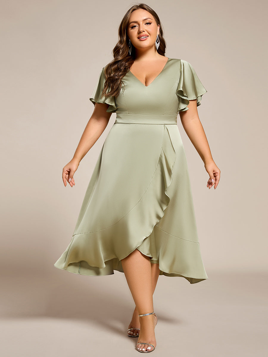 Color=Sage Green | Elegant Ruffles Sleeve Midi Length Satin Bridesmaid Dresses with Regular Fold Stream Asymmetrical Hem-Sage Green 4