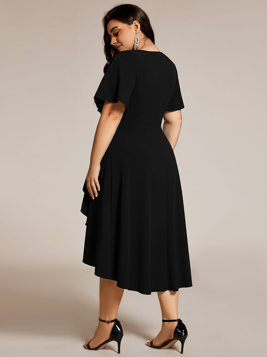 Color=Black | Plus Size Elegant Midi Length ruffles sleeve Chiffon Wedding Guest Dresses with Regular Fold Stream-Black 2