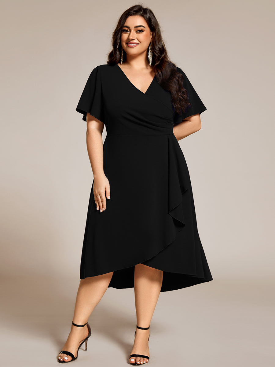 Color=Black | Plus Size Elegant Midi Length ruffles sleeve Chiffon Wedding Guest Dresses with Regular Fold Stream-Black 4