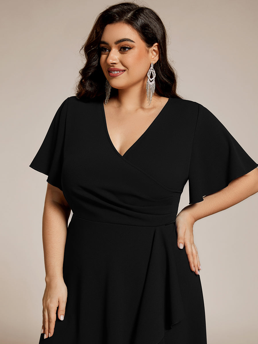 Color=Black | Plus Size Elegant Midi Length ruffles sleeve Chiffon Wedding Guest Dresses with Regular Fold Stream-Black 5