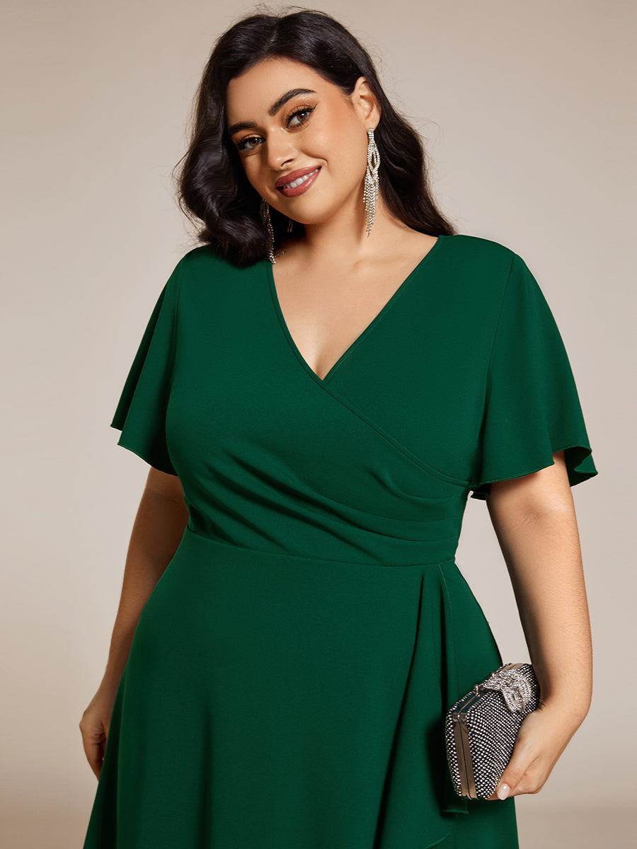 Color=Dark Green | Plus Size Elegant Midi Length ruffles sleeve Chiffon Wedding Guest Dresses with Regular Fold Stream-Dark Green 10