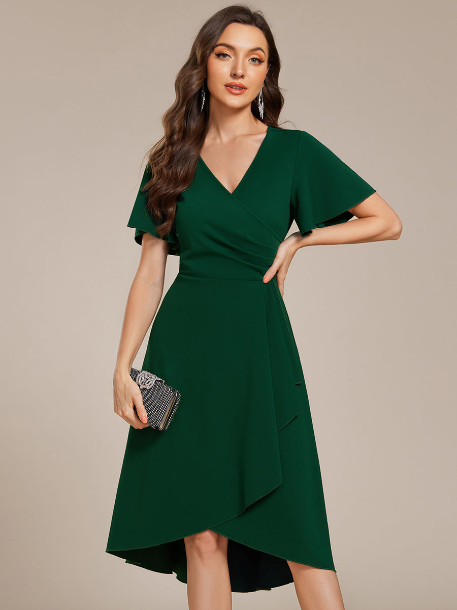 Color=Dark Green | Elegant Midi Length ruffles sleeve Chiffon Wedding Guest Dresses with Regular Fold Stream-Dark Green 6