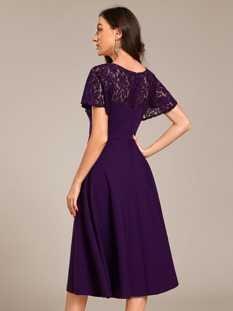 Color=Dark Purple | Short Sleeve Ruffle Sweetheart A-Line High Stretch Midi Wedding Guest Dress-Dark Purple 7