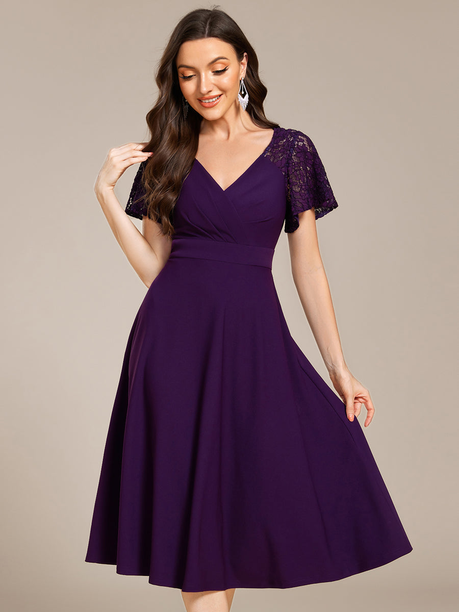 Color=Dark Purple | Short Sleeve Ruffle Sweetheart A-Line High Stretch Midi Wedding Guest Dress-Dark Purple 6