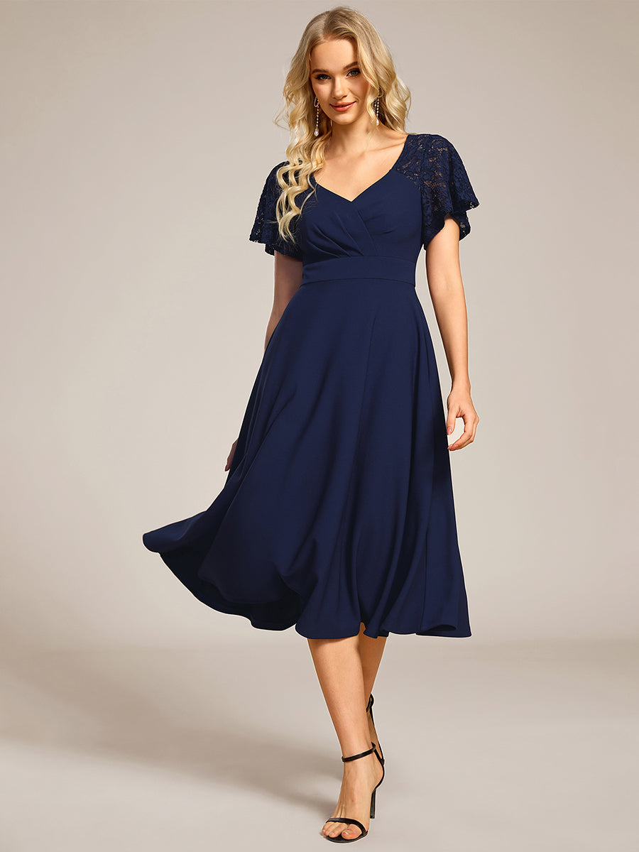 Color=Navy Blue | Short Sleeve Ruffle Sweetheart A-Line High Stretch Midi Wedding Guest Dress-Navy Blue 11