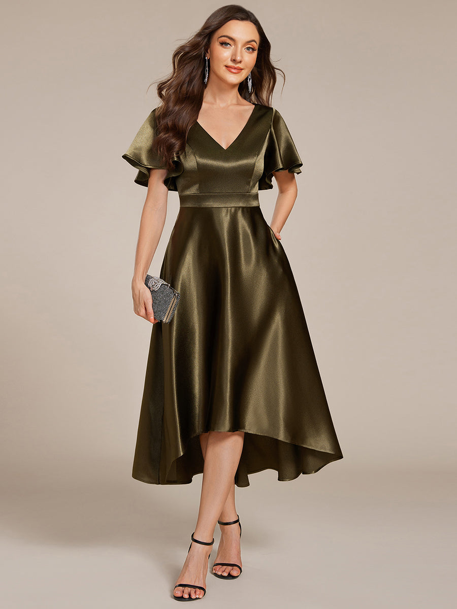 Color=Olive Green | Elegant Ruffles Sleeve Midi Length Satin Wedding Guest Dresses with Asymmetrical Hem-Olive Green 6