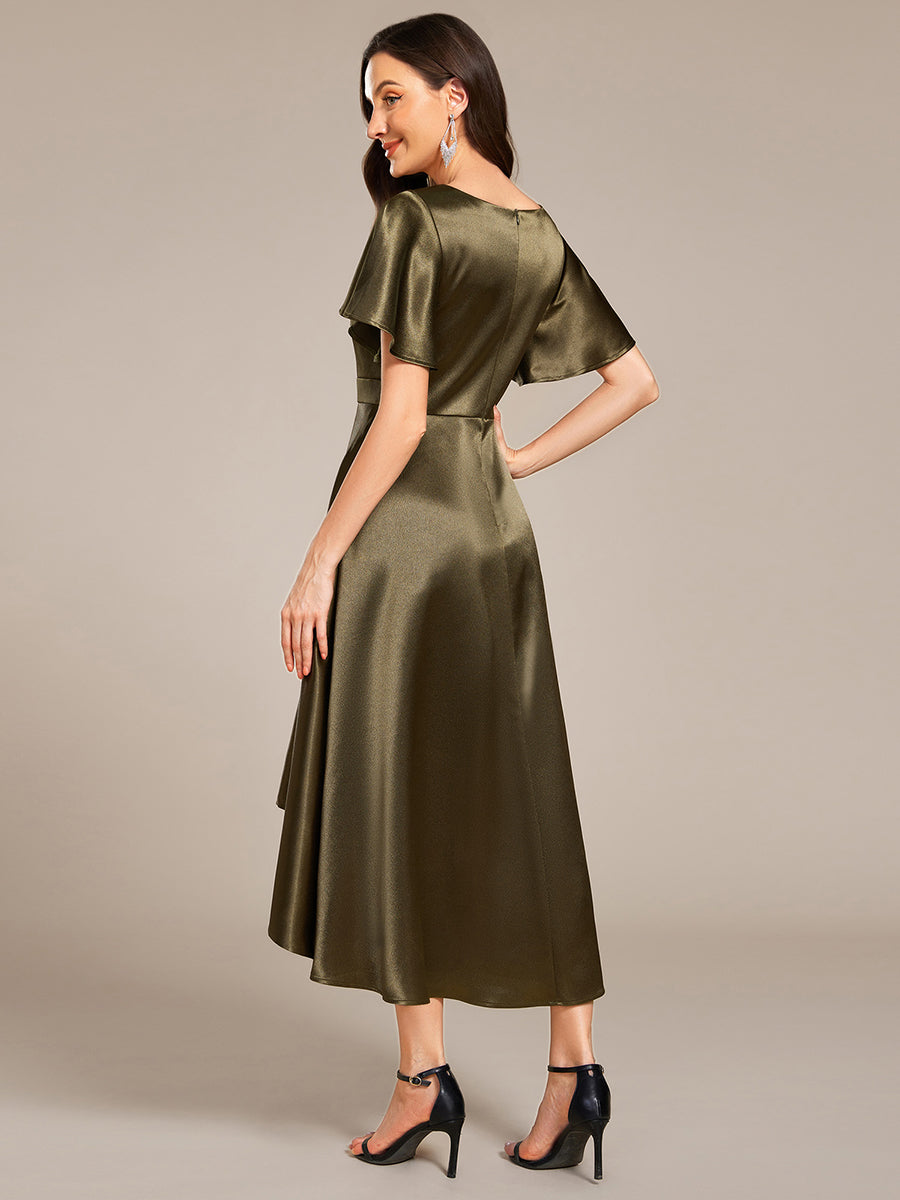 Color=Olive Green | Elegant Ruffles Sleeve Midi Length Satin Wedding Guest Dresses with Asymmetrical Hem-Olive Green 9