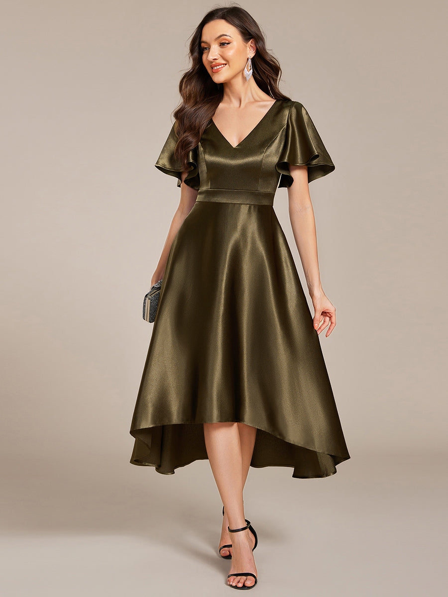 Color=Olive Green | Elegant Ruffles Sleeve Midi Length Satin Wedding Guest Dresses with Asymmetrical Hem-Olive Green 7