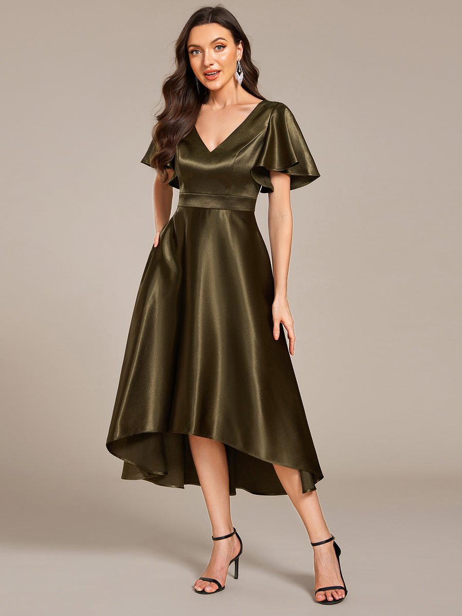 Color=Olive Green | Elegant Ruffles Sleeve Midi Length Satin Wedding Guest Dresses with Asymmetrical Hem-Olive Green 8