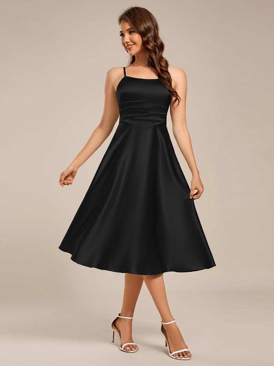 Color=Black | Pleated Spaghetti Strap Sleeveless A-Line Midi Wedding Guest Dress-Black 1