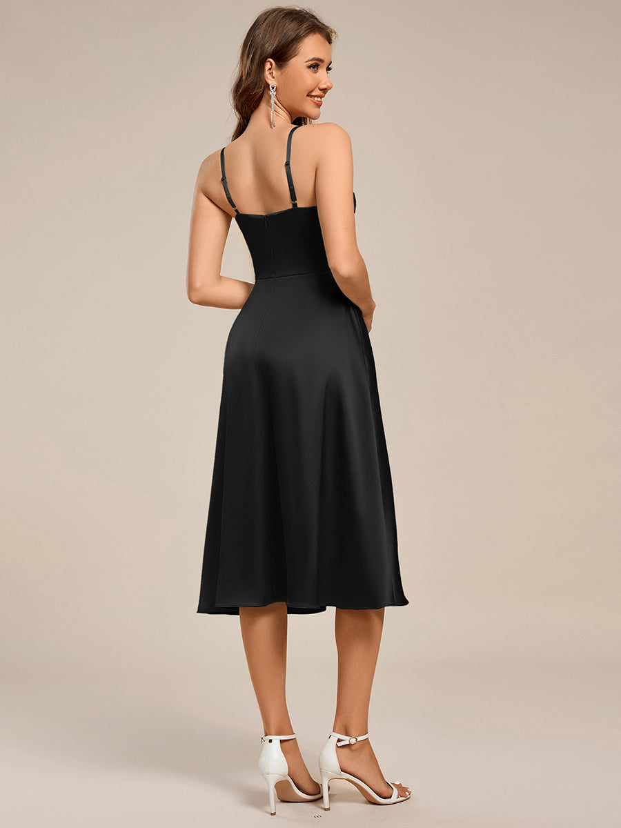 Color=Black | Pleated Spaghetti Strap Sleeveless A-Line Midi Wedding Guest Dress-Black 2