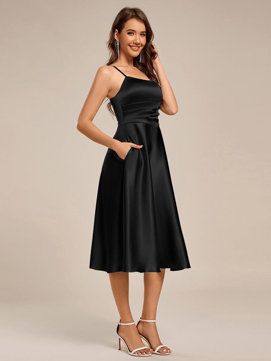 Color=Black | Pleated Spaghetti Strap Sleeveless A-Line Midi Wedding Guest Dress-Black 4