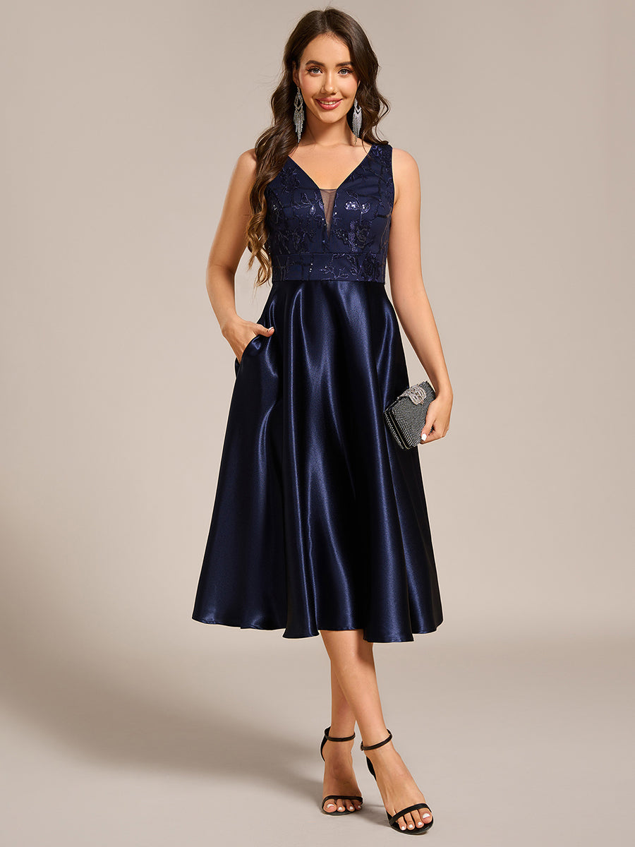 Color=Navy Blue | Strapless A-Line Midi Dress with Deep V-Neck Wedding Guest Dress-Navy Blue 1