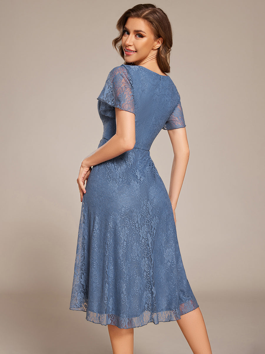 Color=Dusty Blue | Short Sleeve Ruffled V-Neck A-Line Midi Wedding Guest Dress-Dusty Blue 2