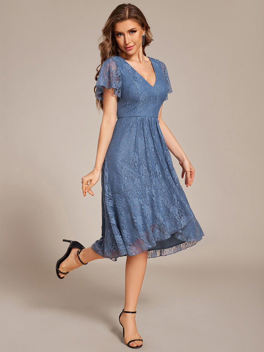 Color=Dusty Blue | Short Sleeve Ruffled V-Neck A-Line Midi Wedding Guest Dress-Dusty Blue 4