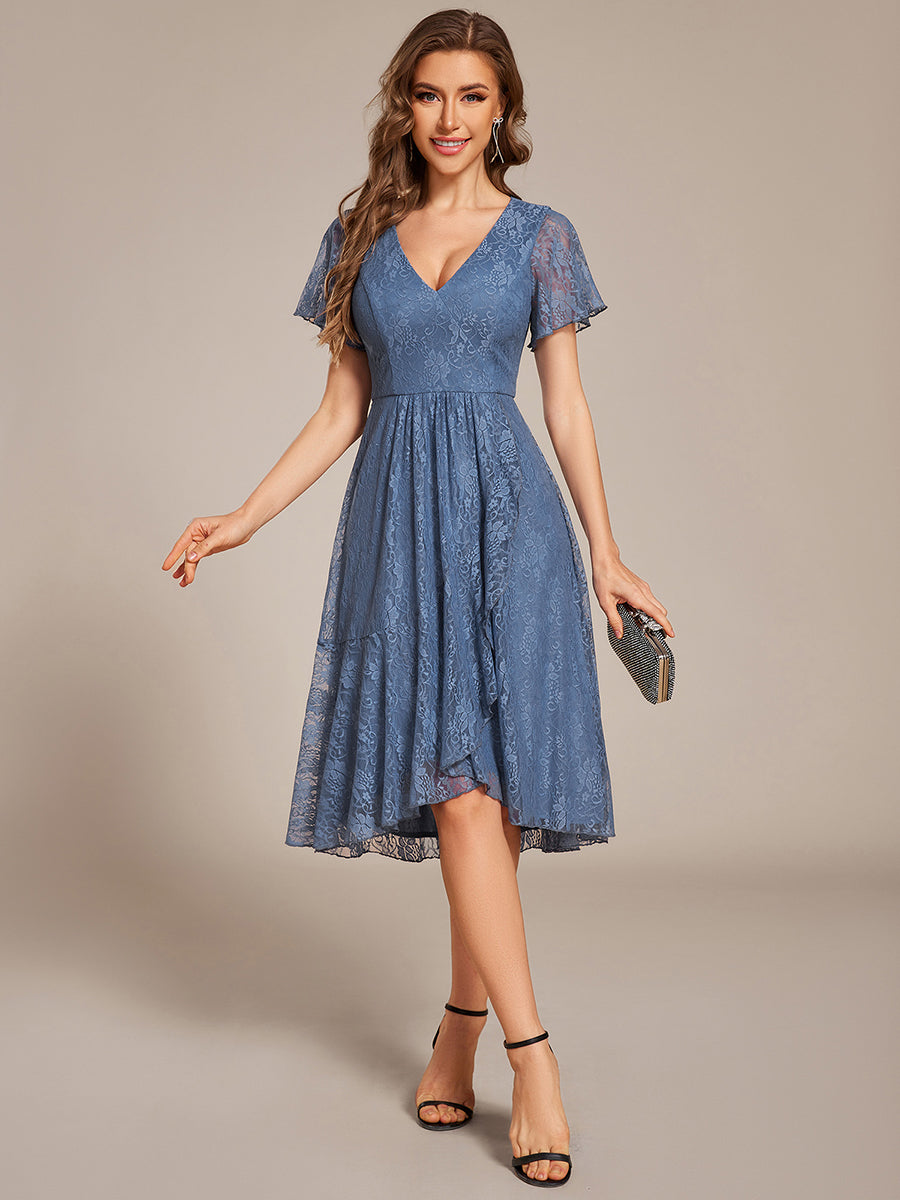 Color=Dusty Blue | Short Sleeve Ruffled V-Neck A-Line Midi Wedding Guest Dress-Dusty Blue 5