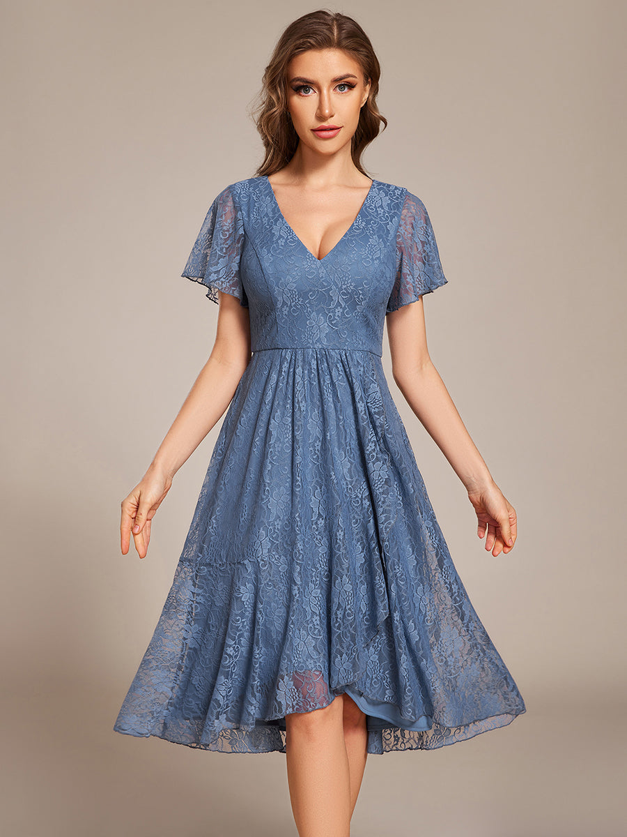 Color=Dusty Blue | Short Sleeve Ruffled V-Neck A-Line Midi Wedding Guest Dress-Dusty Blue 3