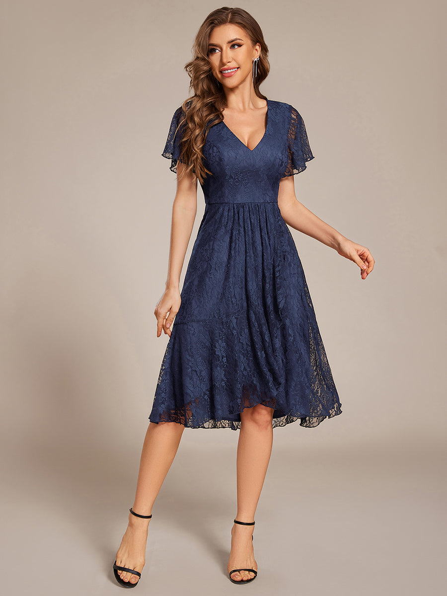 Color=Navy Blue | Short Sleeve Ruffled V-Neck A-Line Midi Wedding Guest Dress-Navy Blue 6