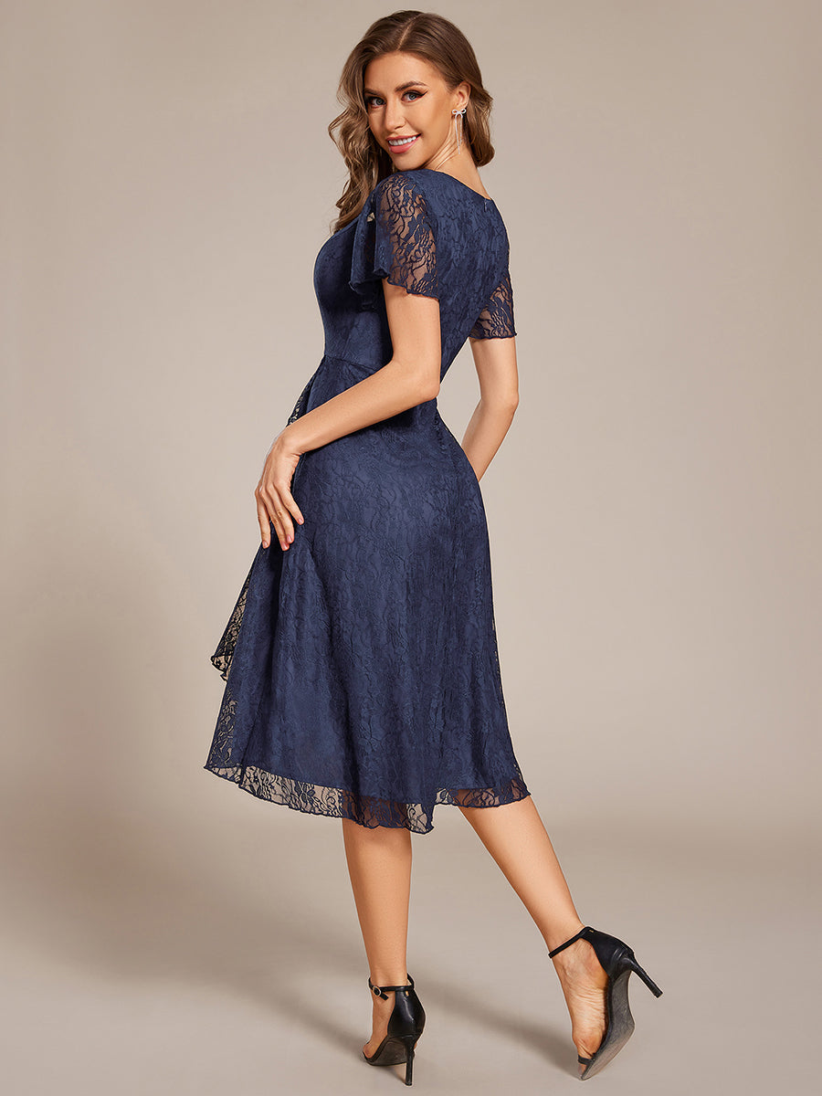 Color=Navy Blue | Short Sleeve Ruffled V-Neck A-Line Midi Wedding Guest Dress-Navy Blue 7