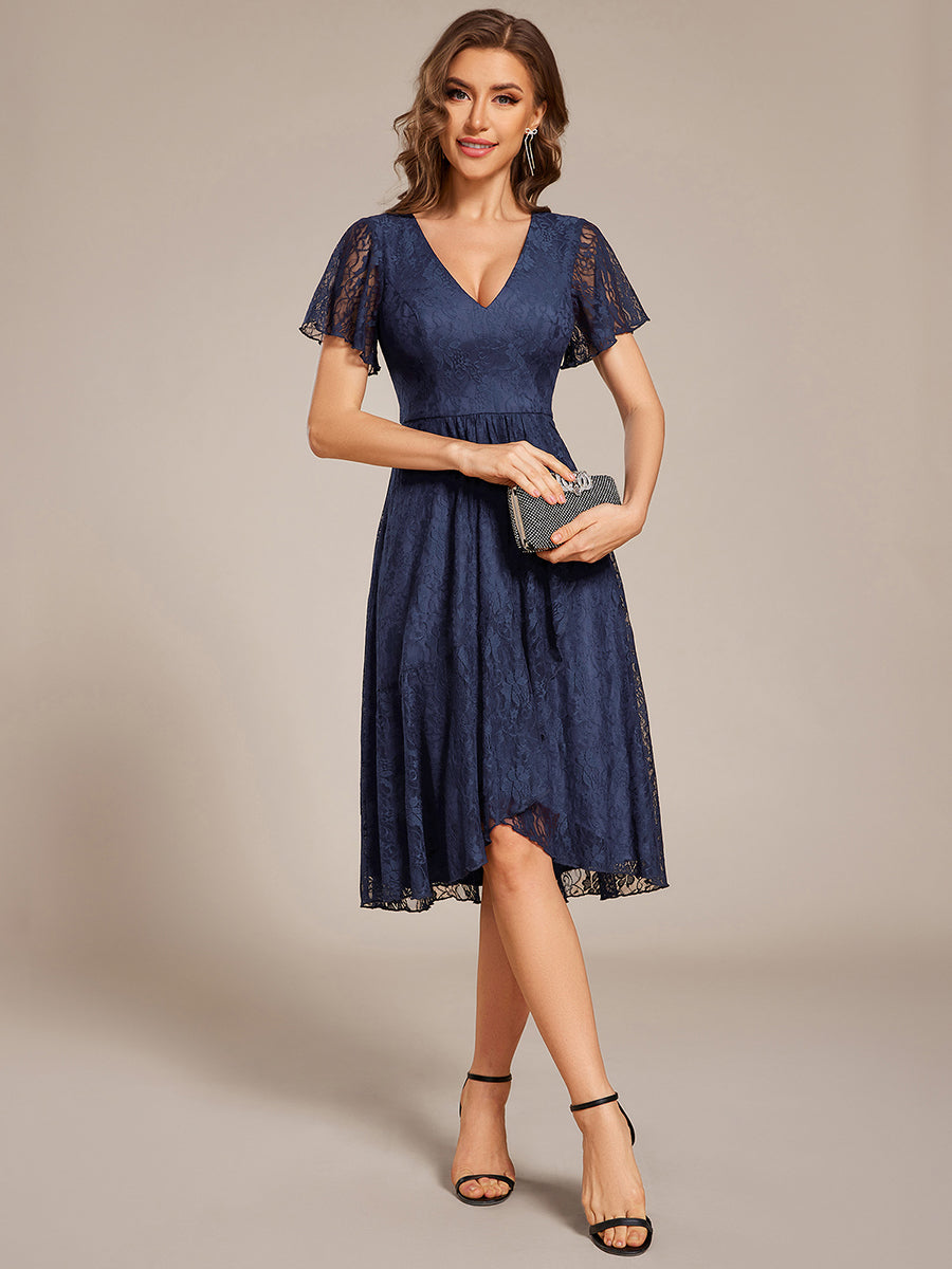 Color=Navy Blue | Short Sleeve Ruffled V-Neck A-Line Midi Wedding Guest Dress-Navy Blue 9