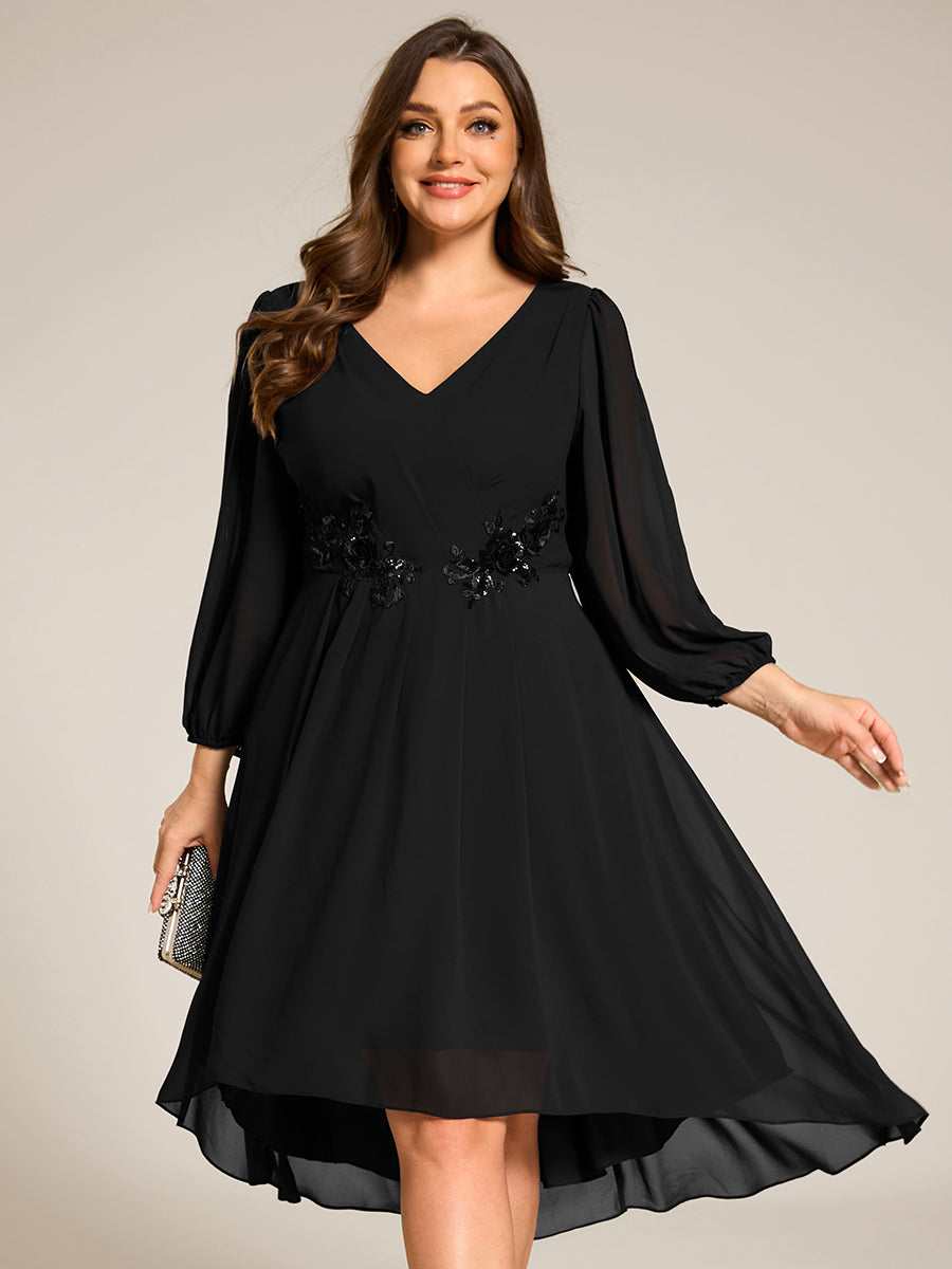 Color=Black | Plus Size Elegant Lantern Sleeve Applique Empire Waist Midi-Length Chiffon Evening Dresses with Asymmetrical Hem-Black 1