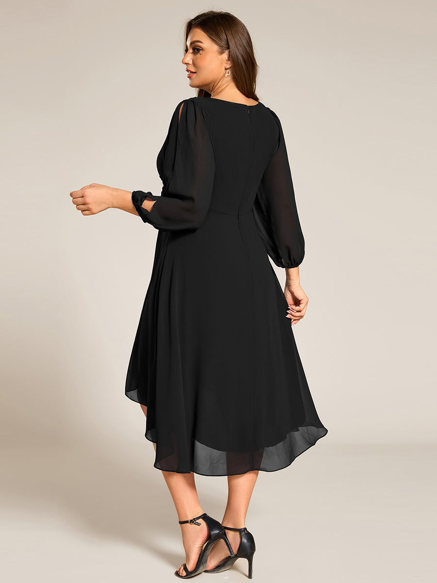 Color=Black | Plus Size Elegant Lantern Sleeve Applique Empire Waist Midi-Length Chiffon Evening Dresses with Asymmetrical Hem-Black 2