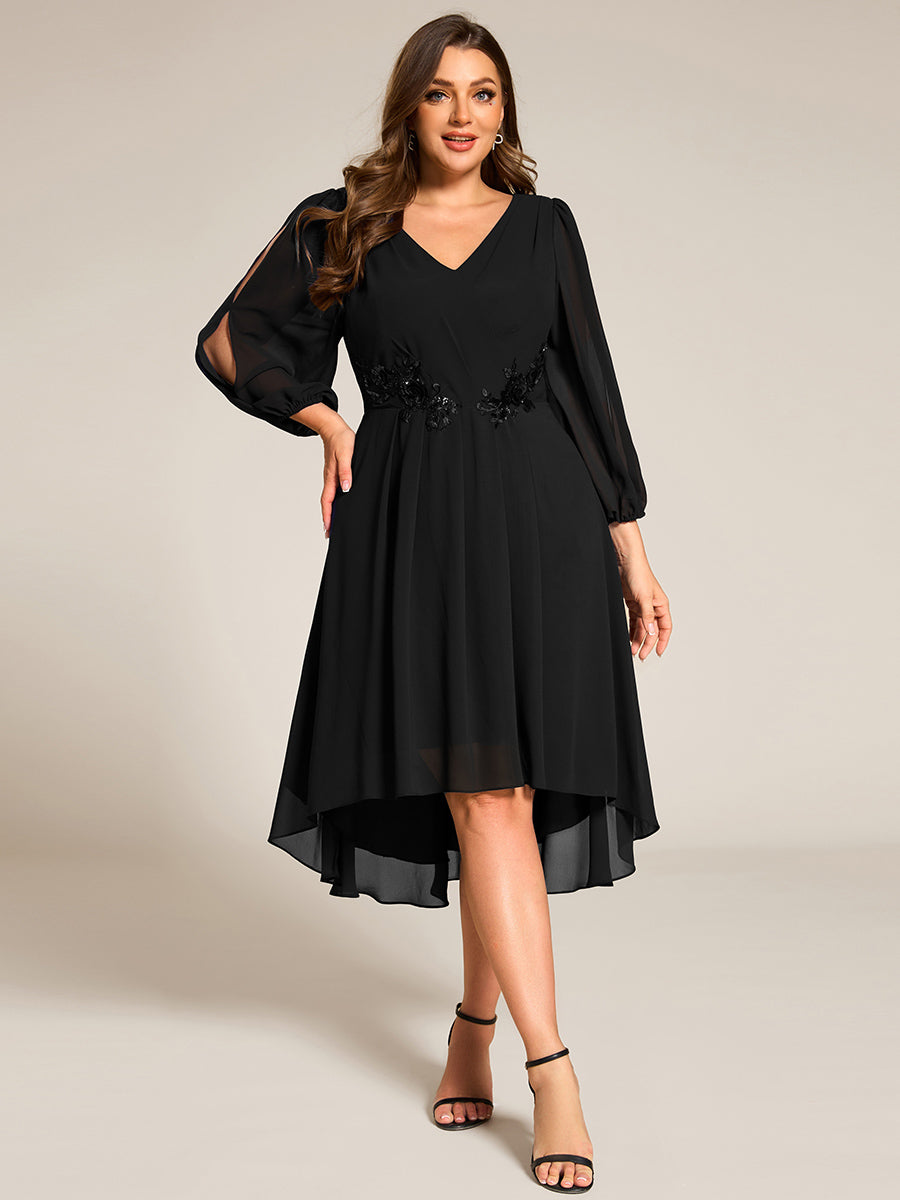 Color=Black | Plus Size Elegant Lantern Sleeve Applique Empire Waist Midi-Length Chiffon Evening Dresses with Asymmetrical Hem-Black 3