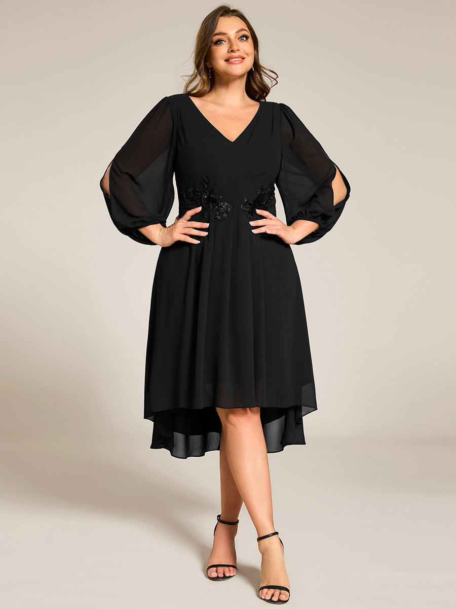 Color=Black | Plus Size Elegant Lantern Sleeve Applique Empire Waist Midi-Length Chiffon Evening Dresses with Asymmetrical Hem-Black 4