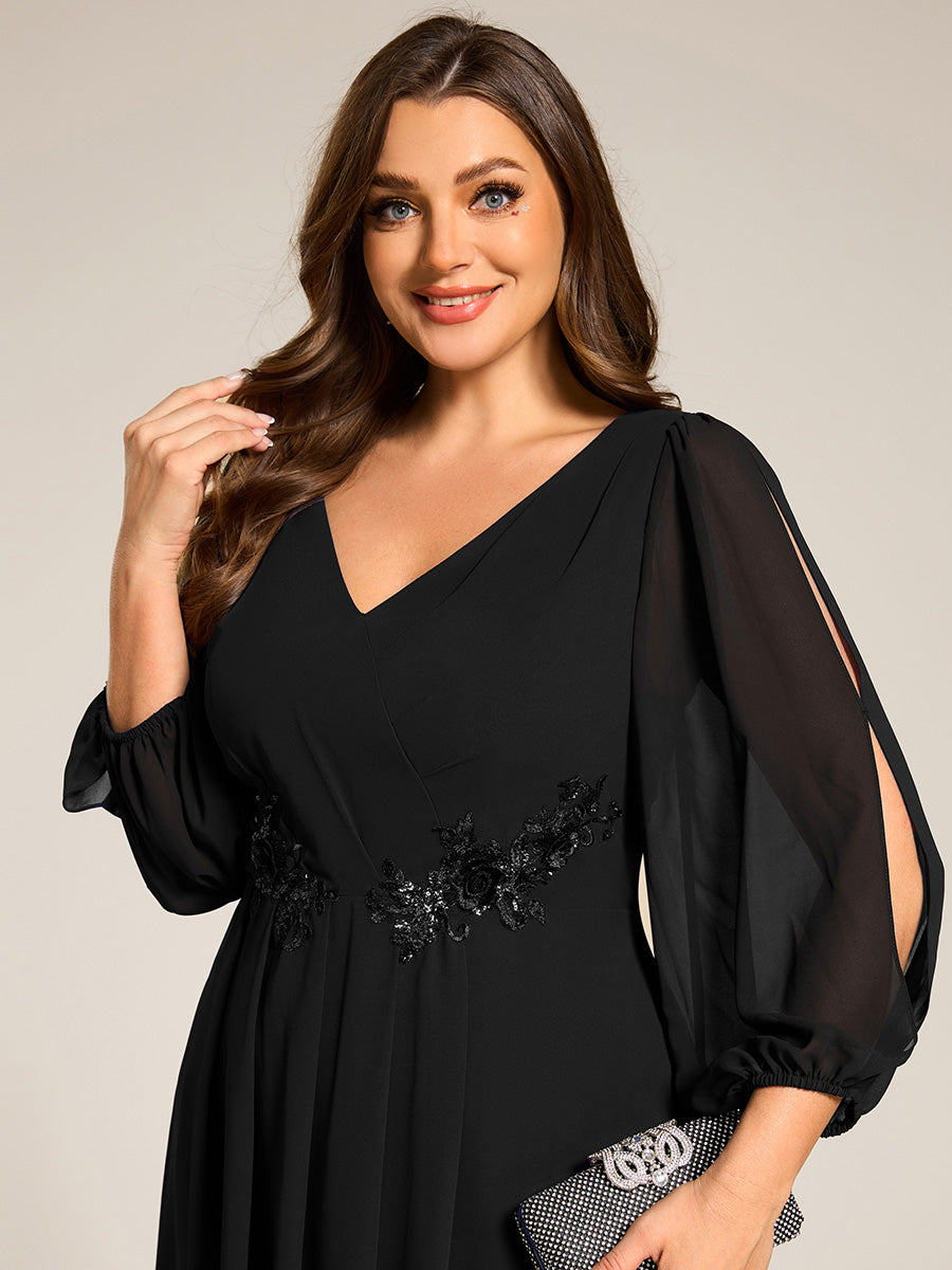 Color=Black | Plus Size Elegant Lantern Sleeve Applique Empire Waist Midi-Length Chiffon Evening Dresses with Asymmetrical Hem-Black 5