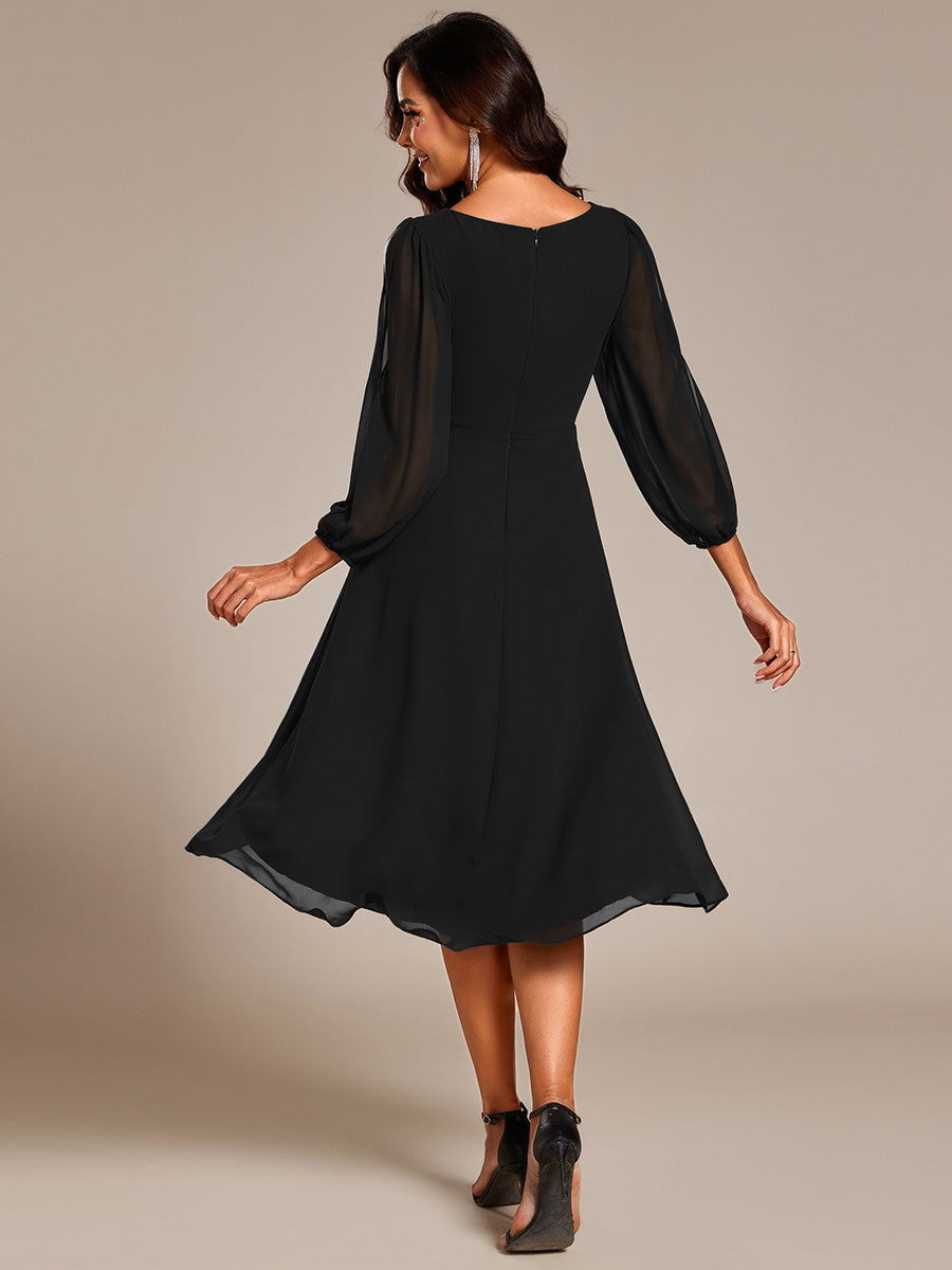 Color=Black | Elegant Lantern Sleeve Applique Empire Waist Midi-Length Chiffon Evening Dresses with Asymmetrical Hem-Black 2