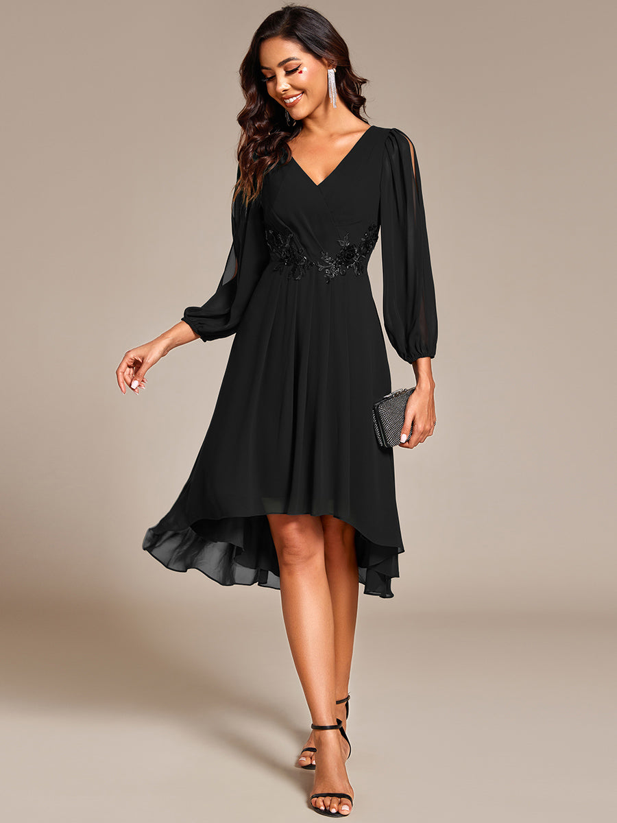 Color=Black | Elegant Lantern Sleeve Applique Empire Waist Midi-Length Chiffon Evening Dresses with Asymmetrical Hem-Black 3