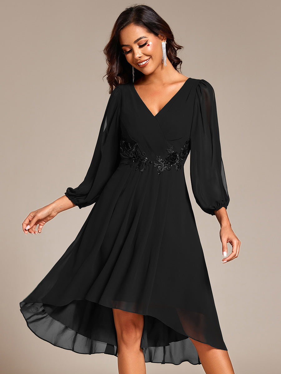 Color=Black | Elegant Lantern Sleeve Applique Empire Waist Midi-Length Chiffon Evening Dresses with Asymmetrical Hem-Black 4